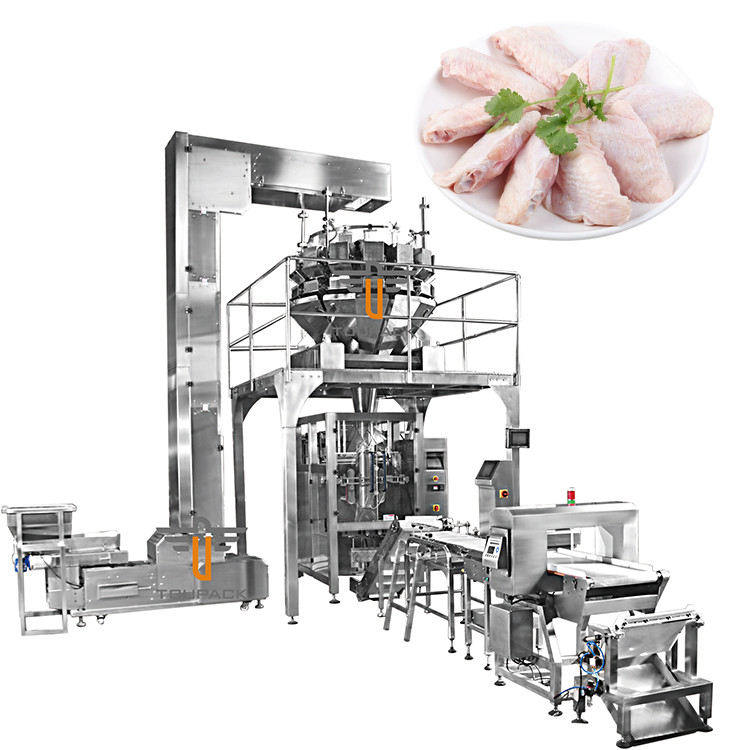 VFFS Dikey Ağlama Doldurma Makinesi Dondurulmuş Yiyecek Broiler Kanat Tavuk Bacağı Ördek Boynuz Paketleme Makinesi